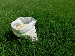 White Bag of Fertilizer Granules on Green Fertilized Lawn