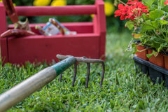 garden and lawn tools outside on grass