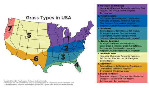 Map of US depicting grass types growing zones