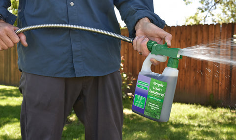 Lawn Energizer liquid iron and nitrogen fertilizer applied with a hose-end sprayer to the lawn