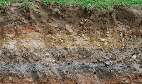Layers of clay soil under grass