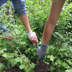 two people wearing garden gloves pulling weeds