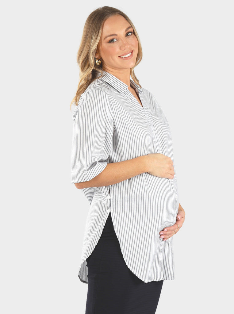 Sleeveless Maternity & Nursing Maxi Dress - White and Navy Stripes