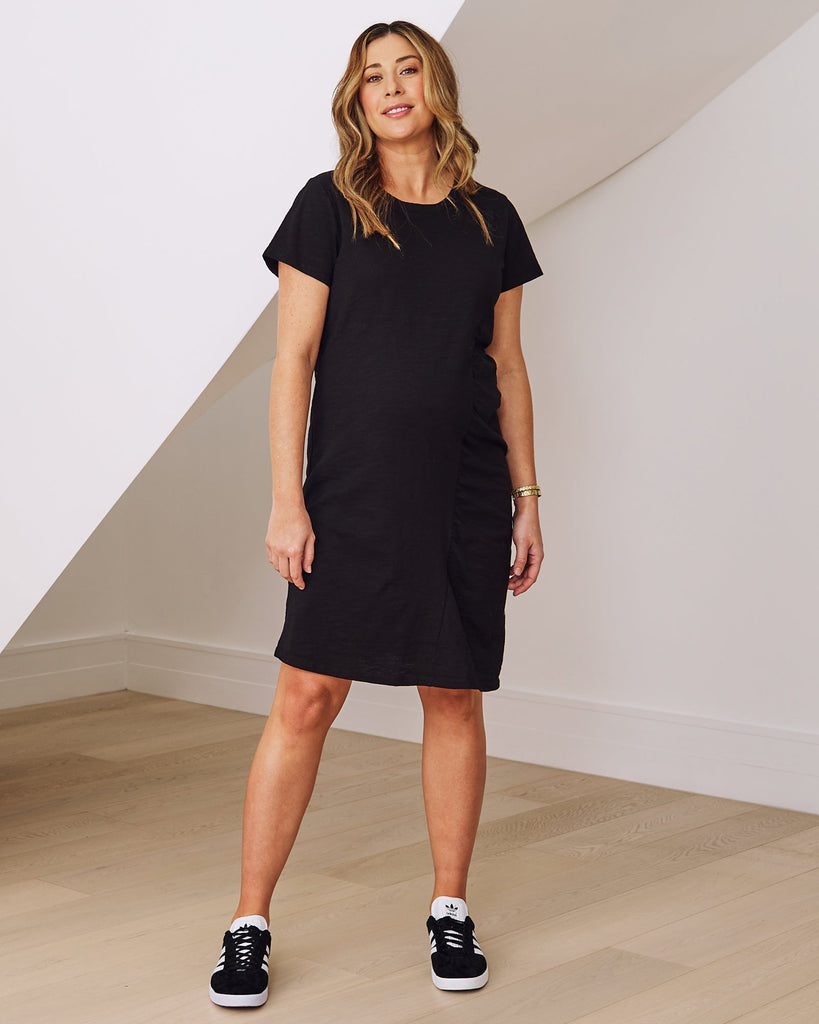 Mia Zipper Drawstring Navy Maternity & Nursing Dress