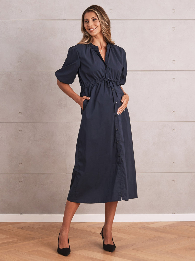 Maternity Navy Jersey Notch Neck Short Sleeve Midi Nursing Dress