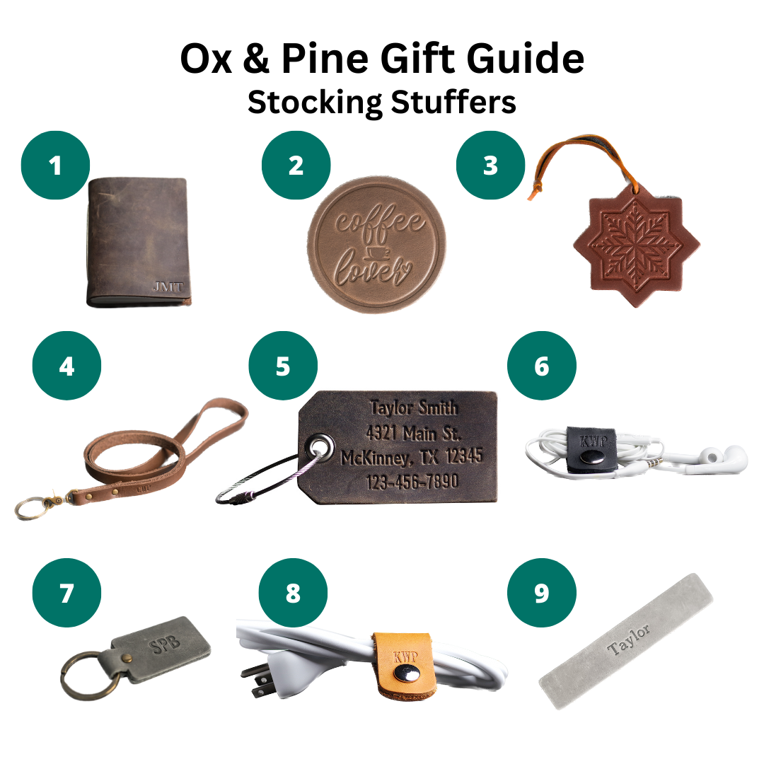 ox and pine gift guide stocking stuffers - journal - coaster - ornaments - lanyards - luggage tags - cord wraps - keychains - bookmarks