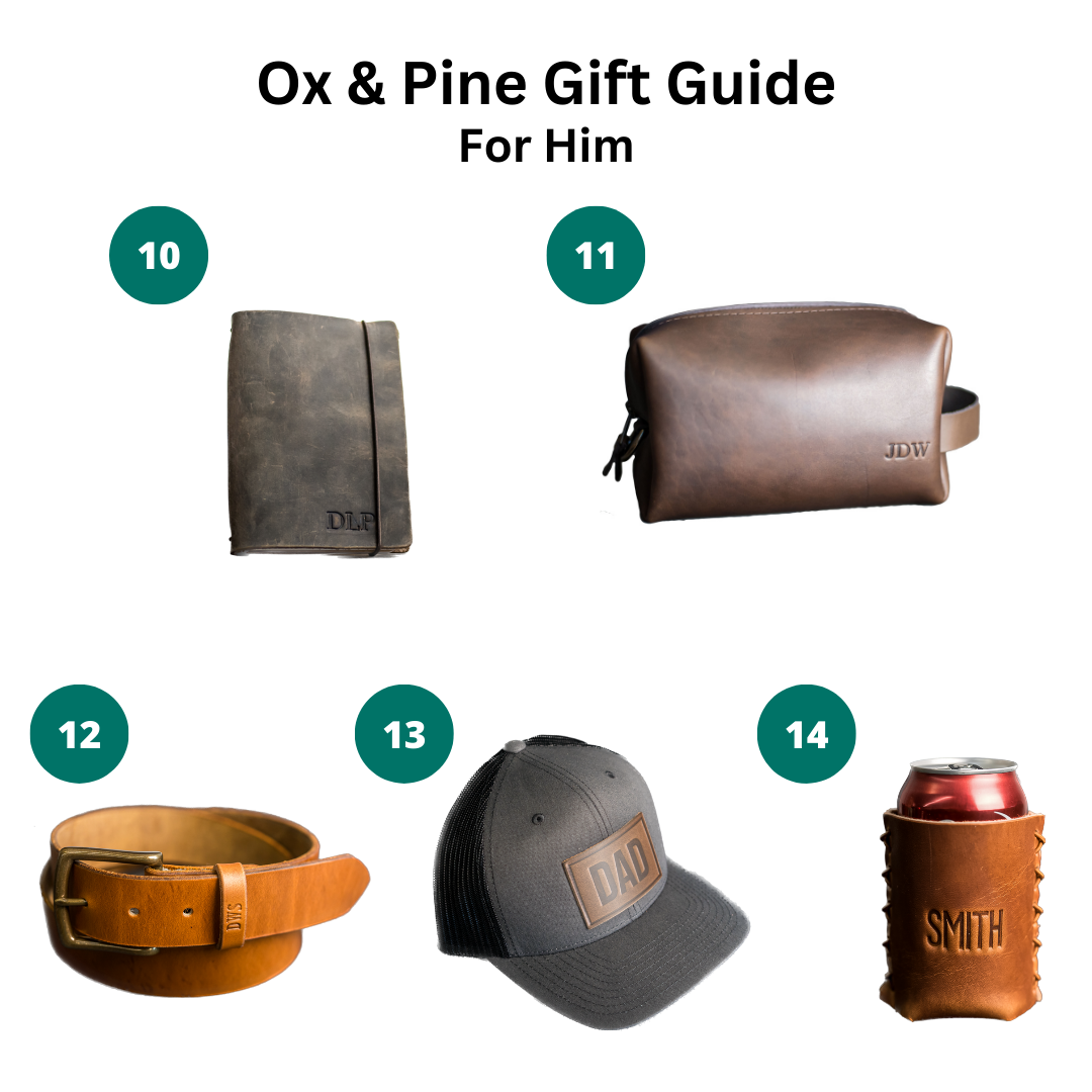 ox & pine gift guide for him - professional closure journal - dopp kit - belt - hat - coozie