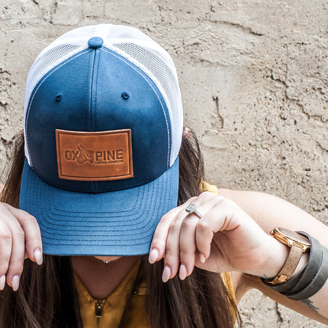 Leather Patch Trucker Hat with Ox & Pine Leather Goods Logo