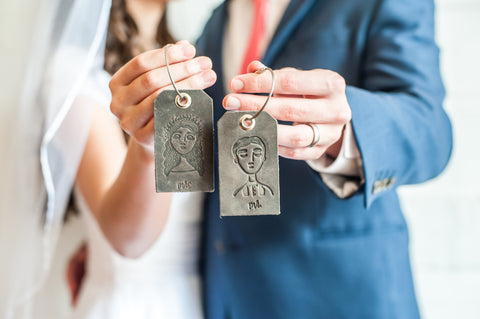 Wedding Leather Luggage Tag Mr and Mrs Stamped Artwork - Ox & Pine Wedding Ideas