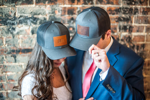 Bride and Groom Leather Patch Hats from Ox & Pine Leather Goods