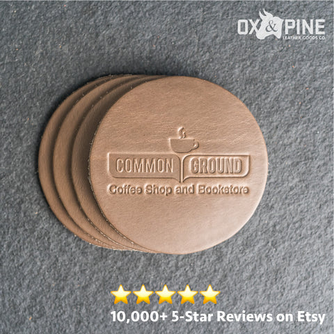 Leather Coasters with logo stamped - 10,000 5 star reviews on Etsy - Ox & Pine Leather Goods