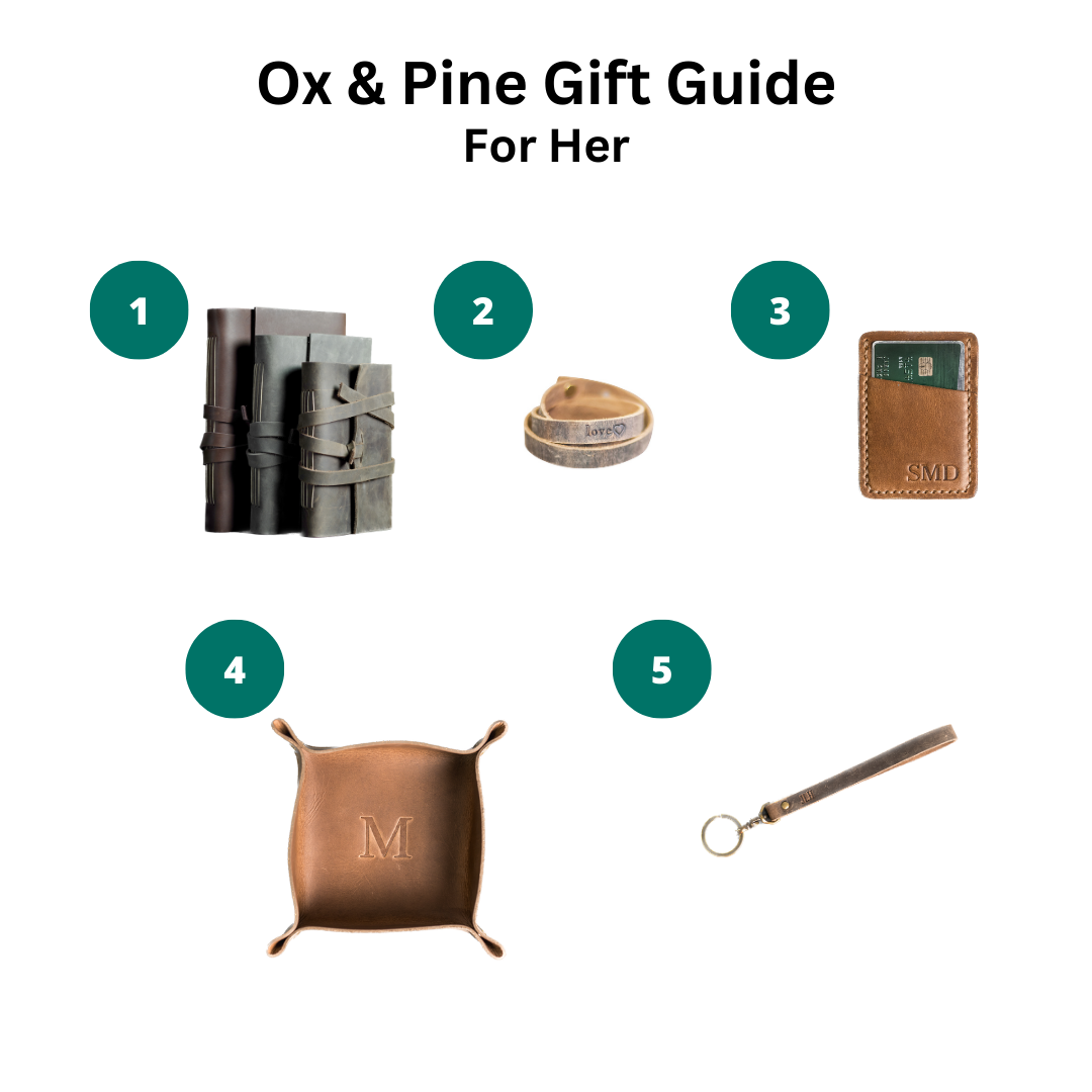 Ox & Pine Gift Guide - Leather Wrap Journal - Leather Bracelet - 2 pocket wallet - valet catchall tray - wristlet