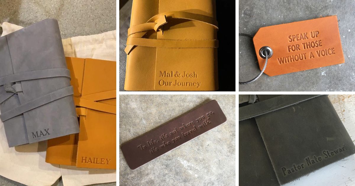 personalized leather journal, bookmark, and luggage tag by Ox & Pine Leather Goods