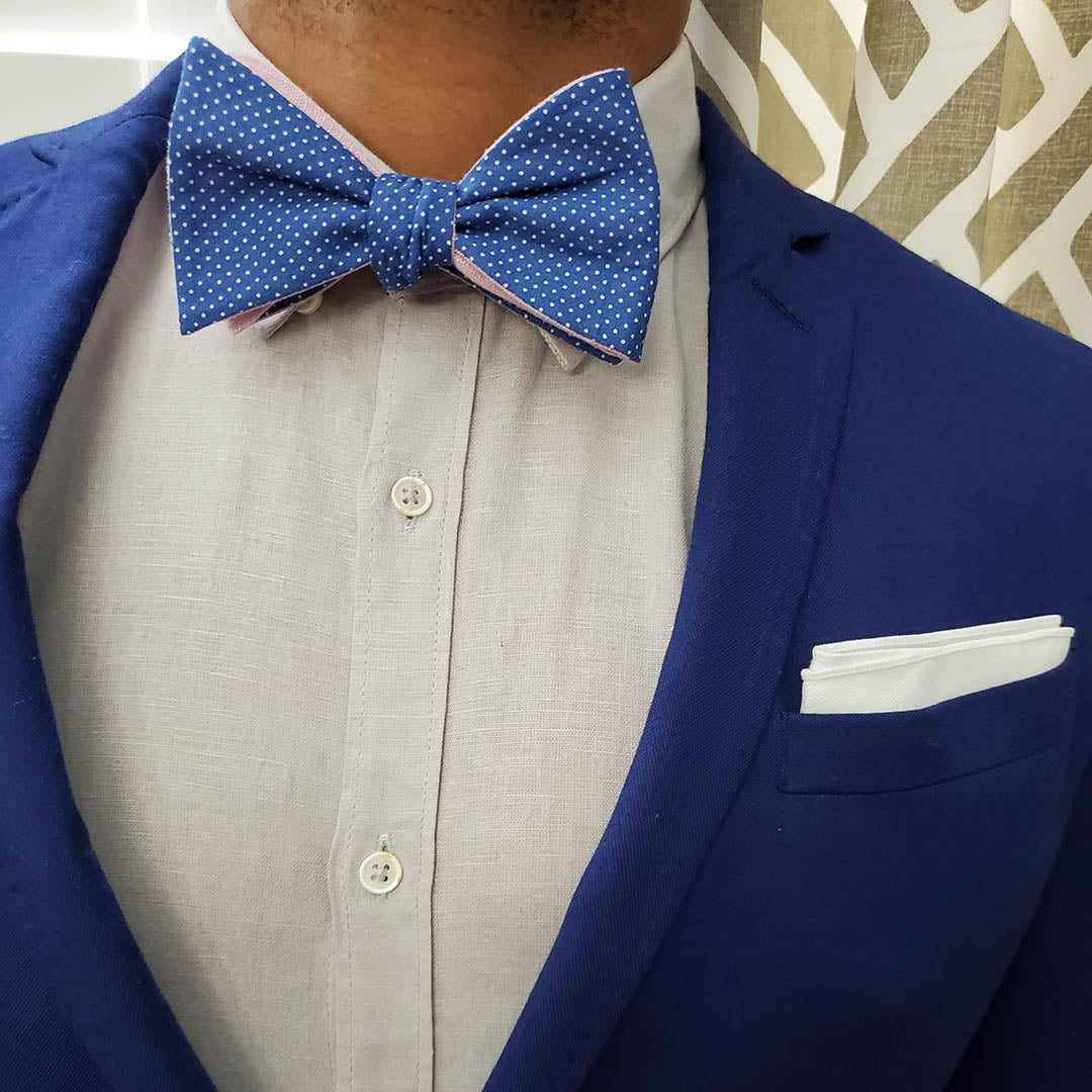 Polka Dot Blue Linen Bow Tie - Art of The Gentleman