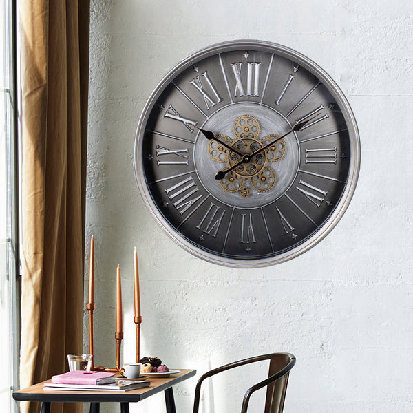 Silver Moving Cog Clock | Roman Numerals | 60 cm