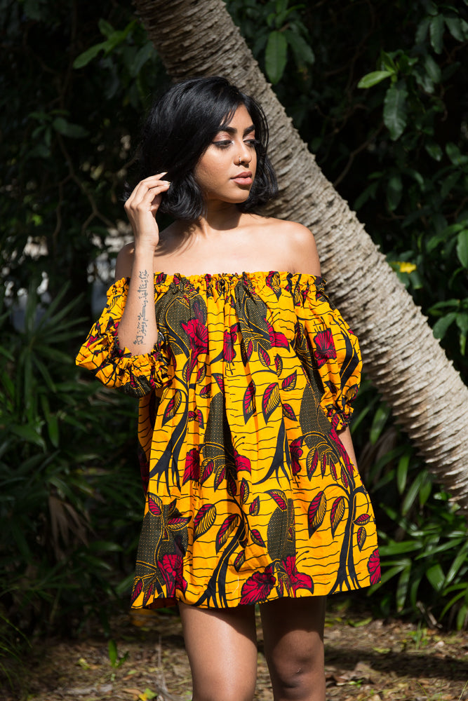 african print off shoulder dress