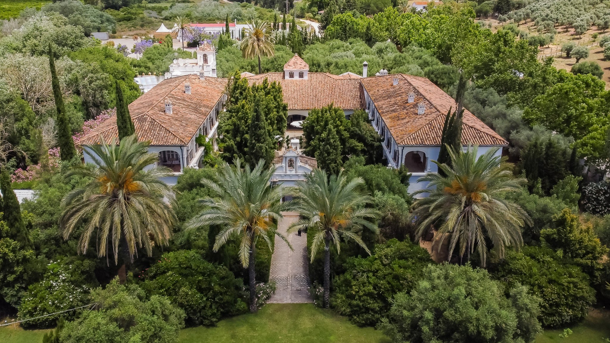 Aerial view of Finca Monasterio in Spain showing terracotta roof tiles and palm trees surrounding the main building.