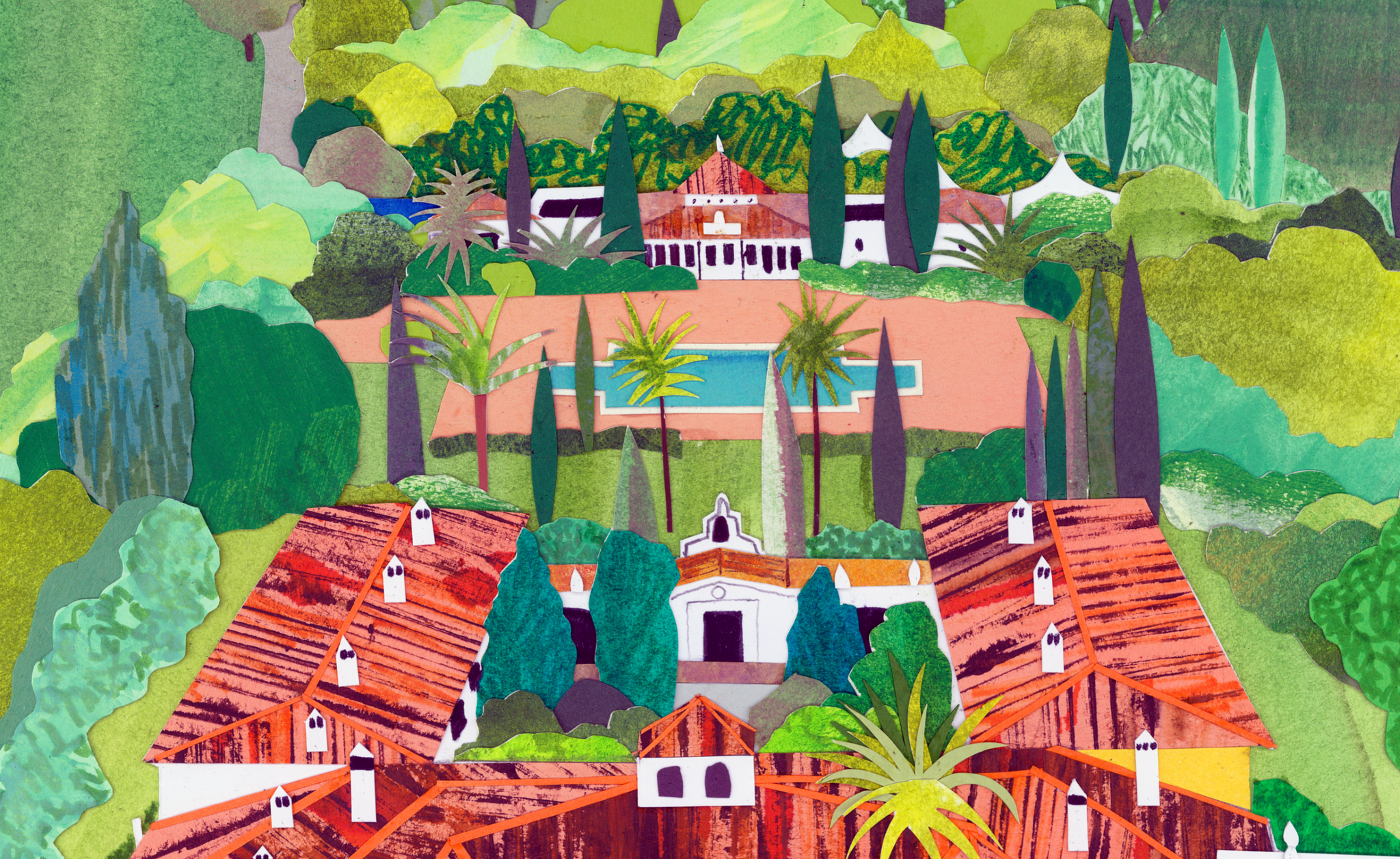 A close up detail of a hand made collage of Finca Monasterio in Spain made by Holly Anne Blake