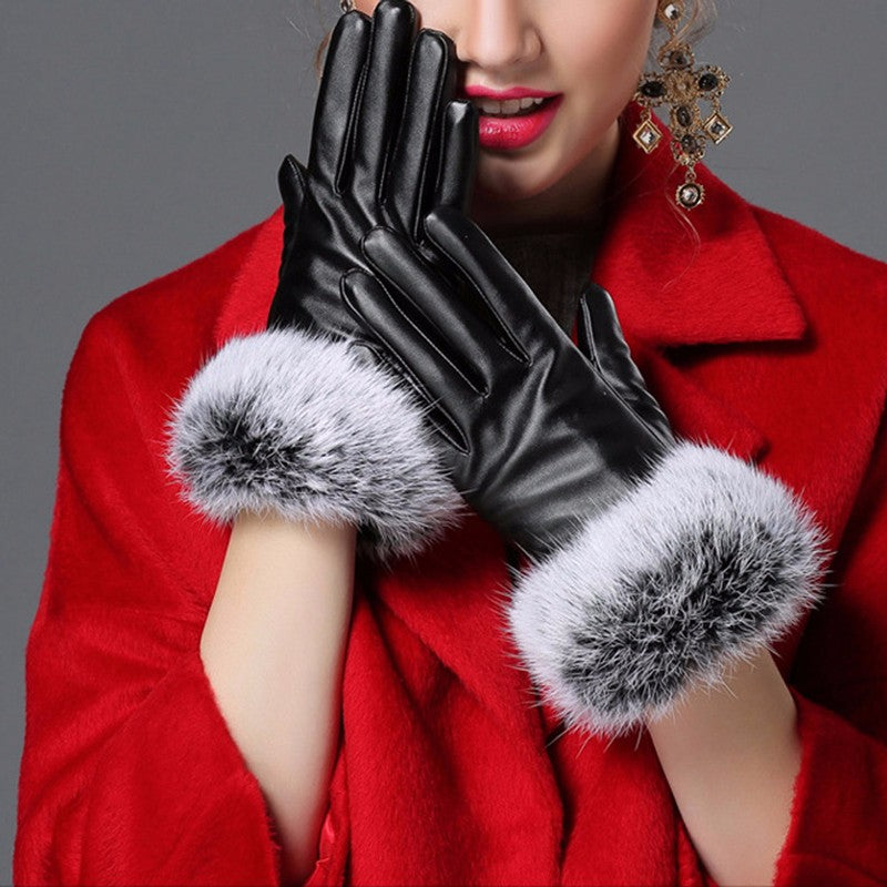 womens black leather gloves with rabbit fur