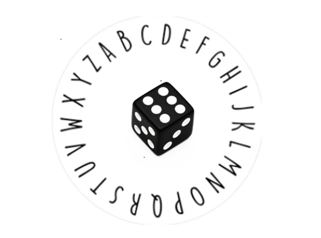 Dice in the middle of alphabet