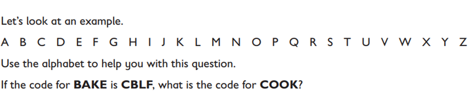 Use alphabet to help you with this question: If the code for BAKE is CBLF, what is the code for COOK?