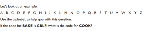 Use alphabet to help you with this question: If the code for BAKE is CBLF, what is the code for COOK?