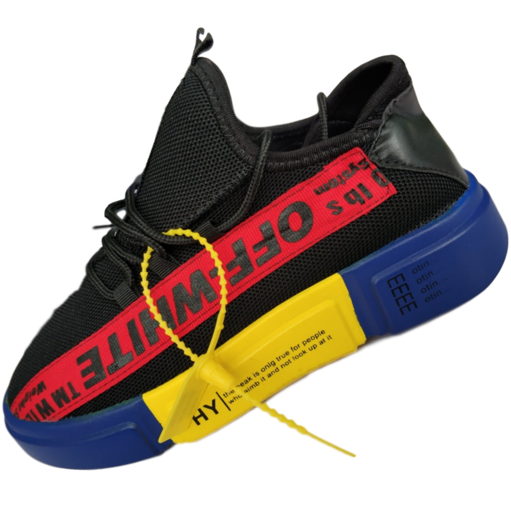 black red blue and yellow off white shoes