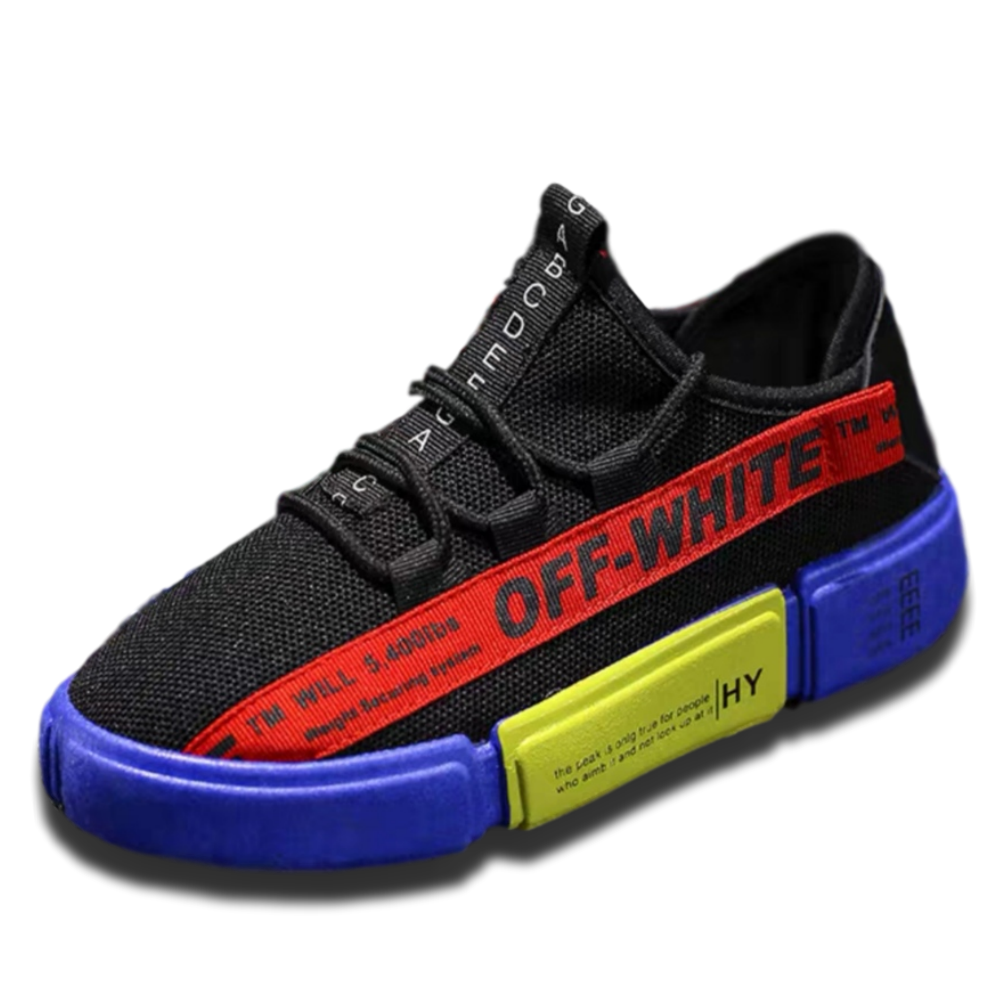 black red yellow and blue off white sneakers