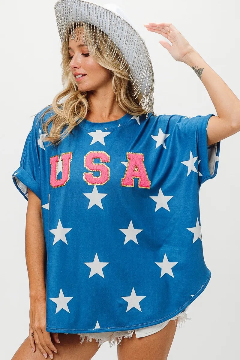 BiBi Fourth Of July Star Print with USA Patch Short Sleeves Knit T-Shirt | Blue
