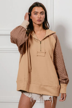 BiBi Half Zip French Terry Hoodie with Kint Sleeves - Fashionate Me