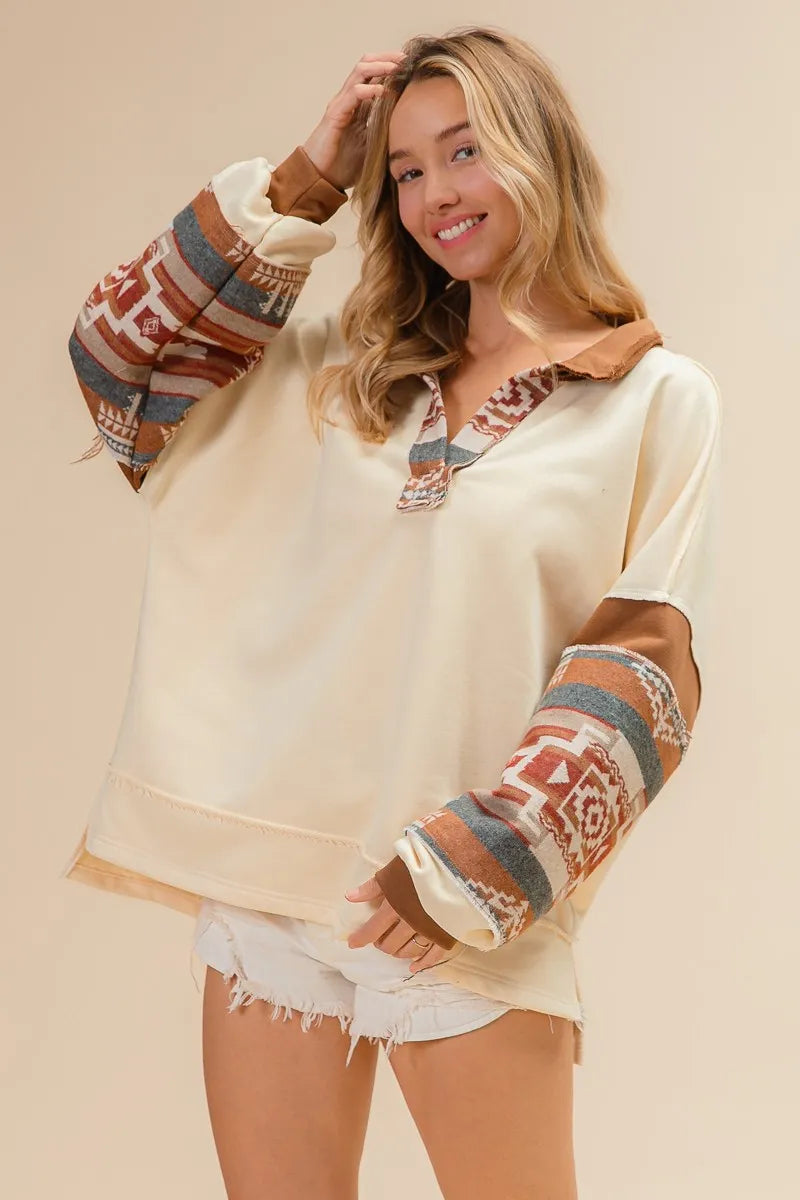 BiBi French Terry Knit and Aztec Print Mixed Top