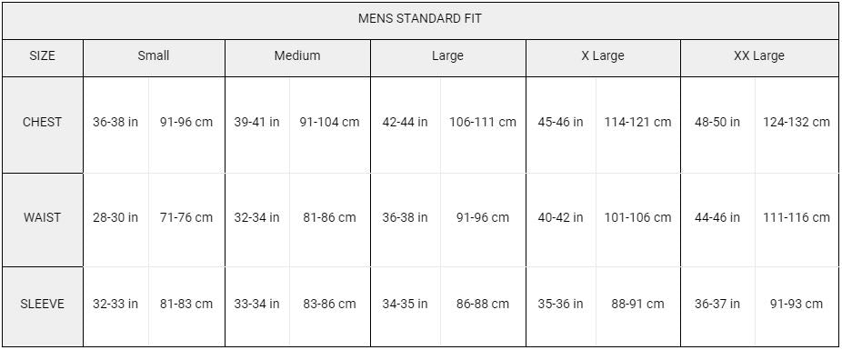 mens standard size chart for jackets