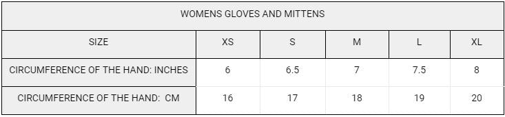 womens size chart for gloves and mittens