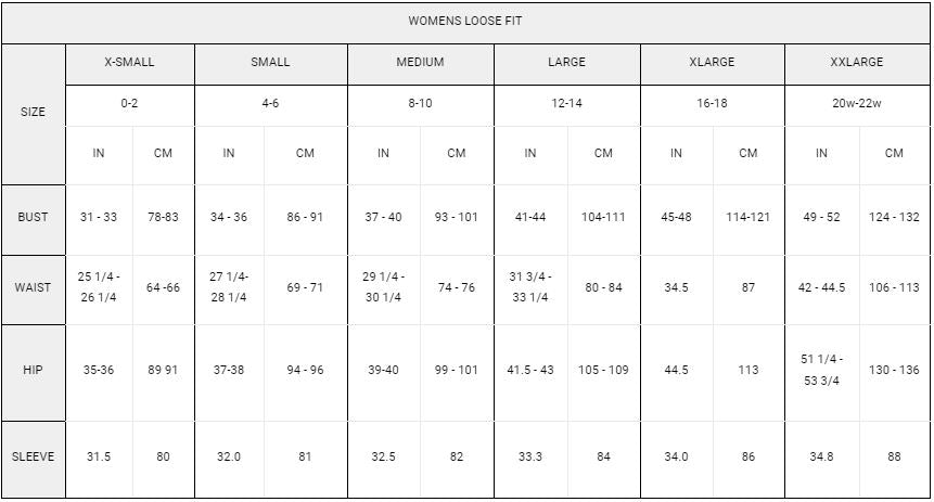 Women's Loose fit size chart for jackets and coats