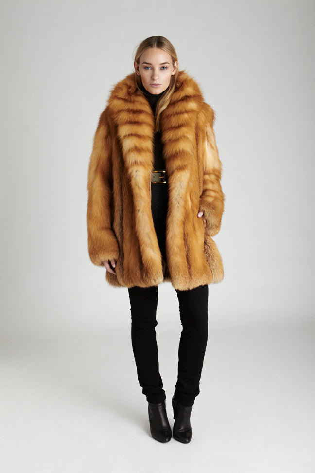 Mid Length Red Fox Fur Coat for Men