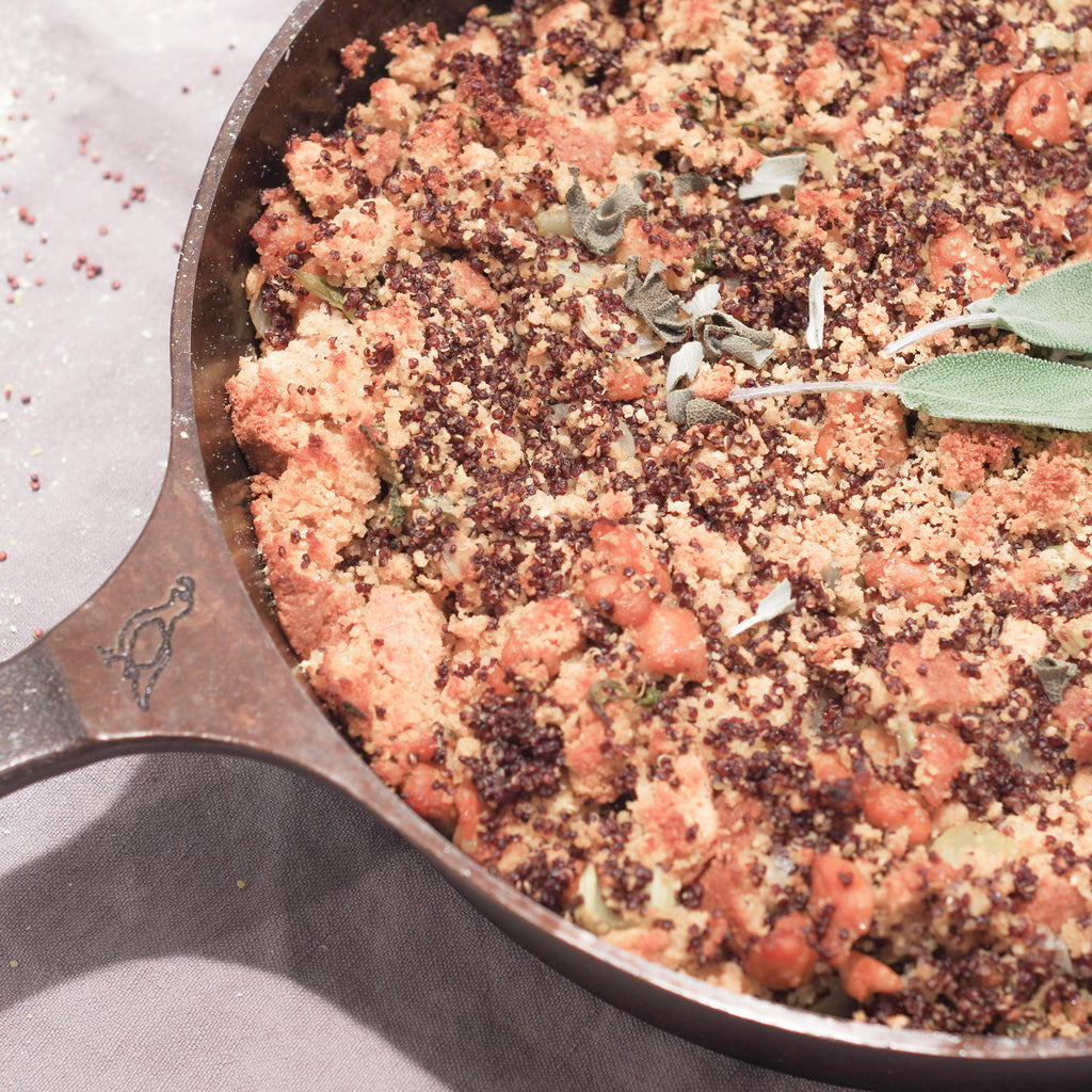 Sausage, Red Quinoa, and Cornbread Skillet