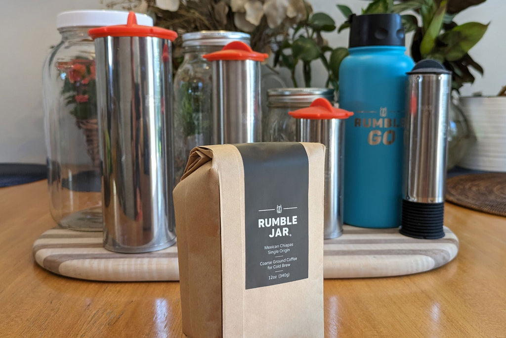 Rumble Jar coarse ground coffee with Rumble Jar cold brew filter family