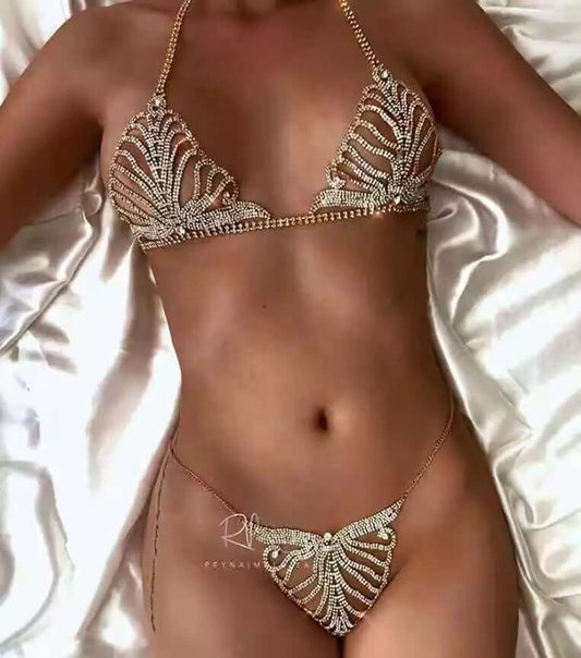 Bikini jewelry body chain bra thong set women photo shoot accessories