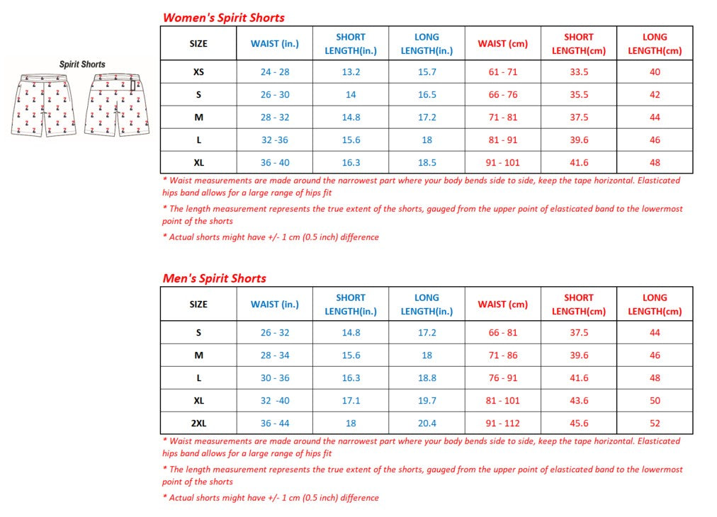 Spirit Shorts size chart