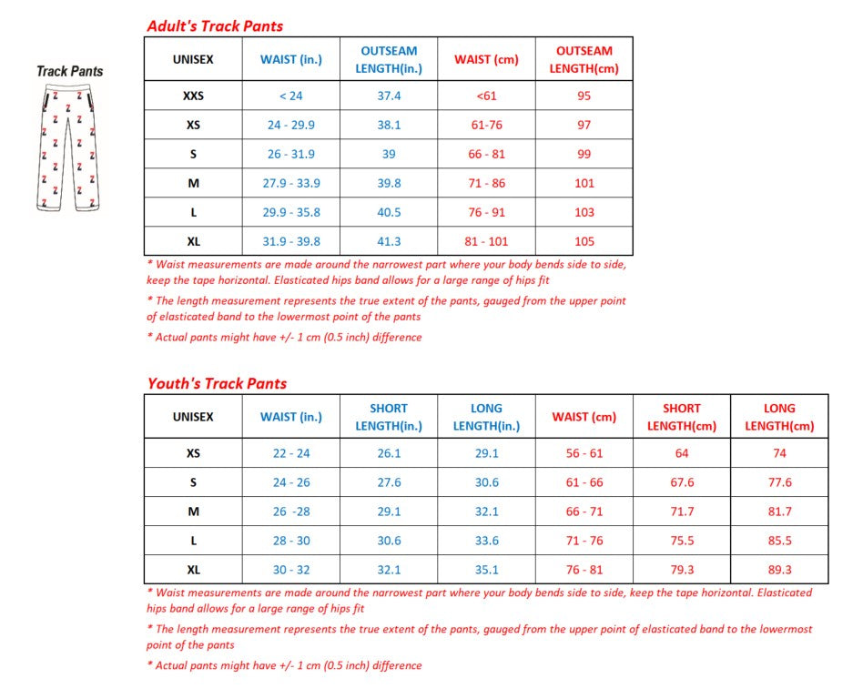 TrackPants size chart