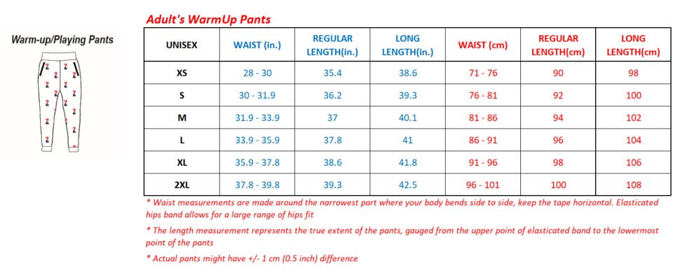 Warmup Pants Size Chart