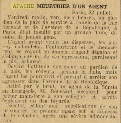 APACHE MEURTRIER D'UN AGENT