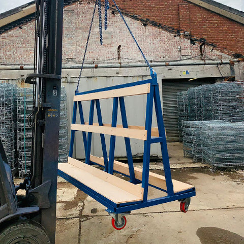 Photo of crane lift a frame stillage, suited to the safe lifting of glass