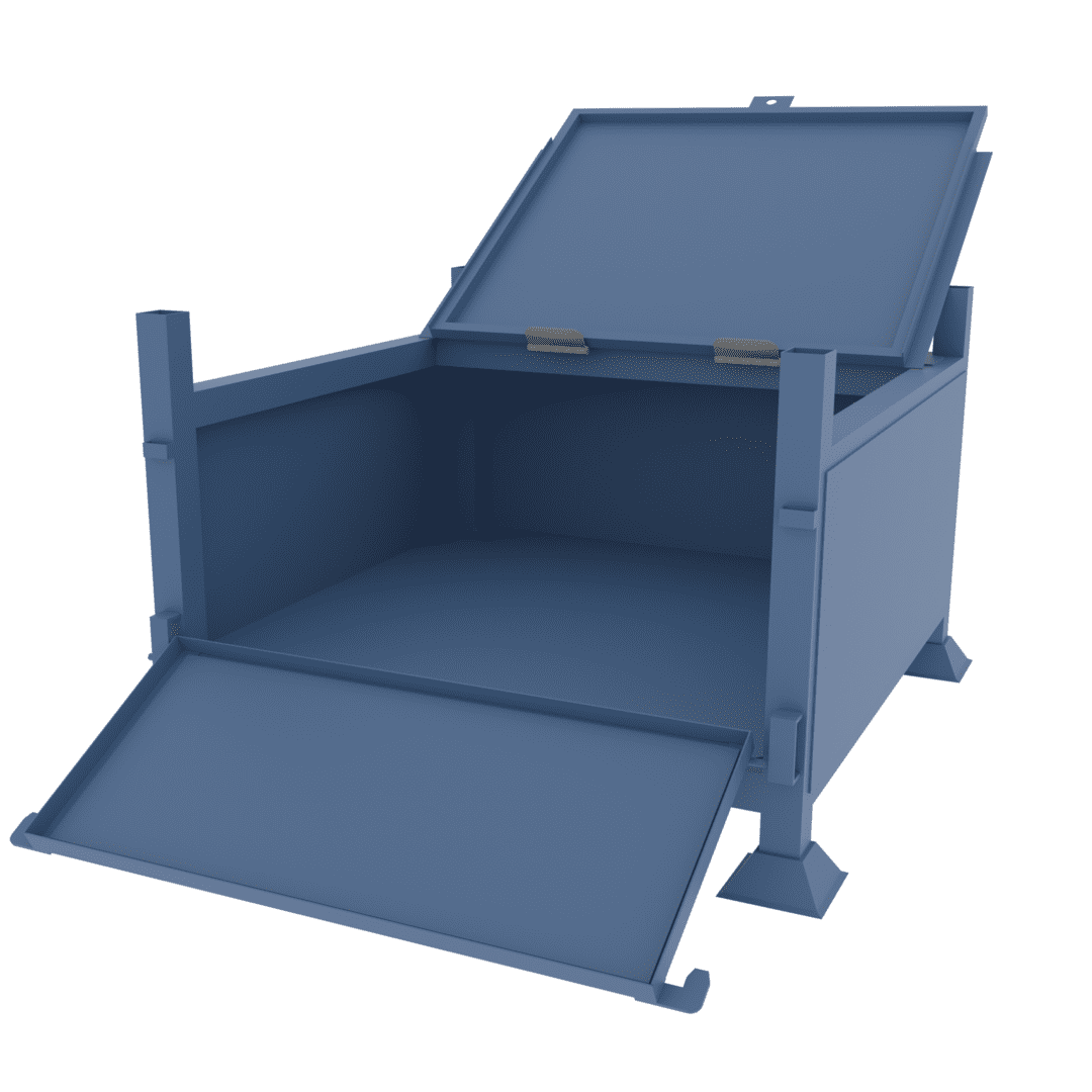 Drawing of our lockable site stillage with drop front section for the secure storage of large items