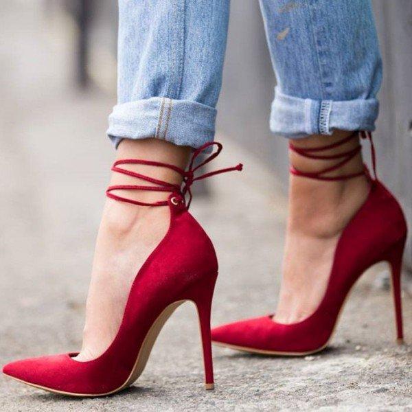 red ankle strap pumps