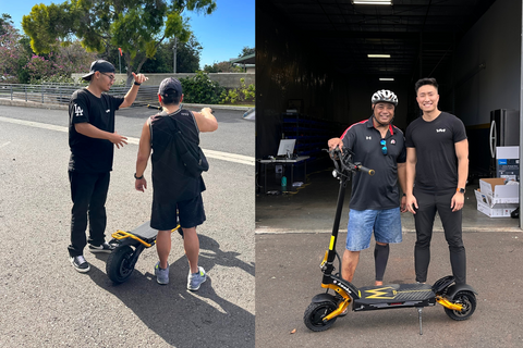 Two images: left image of technician with customer showing how to adjust the settings, right image is of customer and Melvin Lian the company's founder with the customer's new Kaabo Mantis King GT electric scooter
