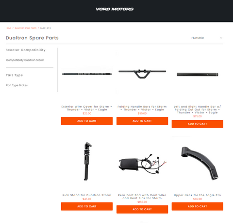 Screenshot of VoroMotors website, Dualtron spare parts page