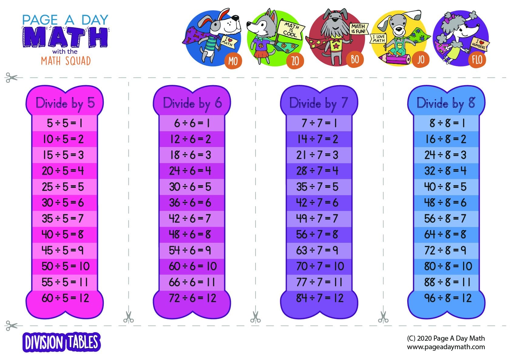 Division Table Division Chart Division Activity Stickers Page A