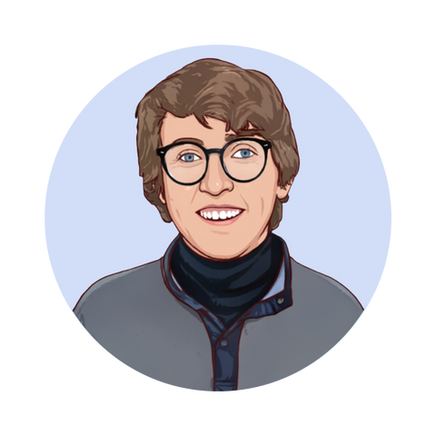 A cartoon drawing of Connor wearing a black turtleneck and pullover sweater. He has curly hair and is wearing glasses.