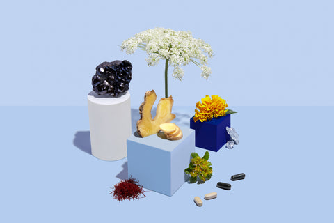 The image shows a collection of De Lune's ingredients, including Ginger, Calendula, Saffron, and Zinc in front of a light blue studio background.